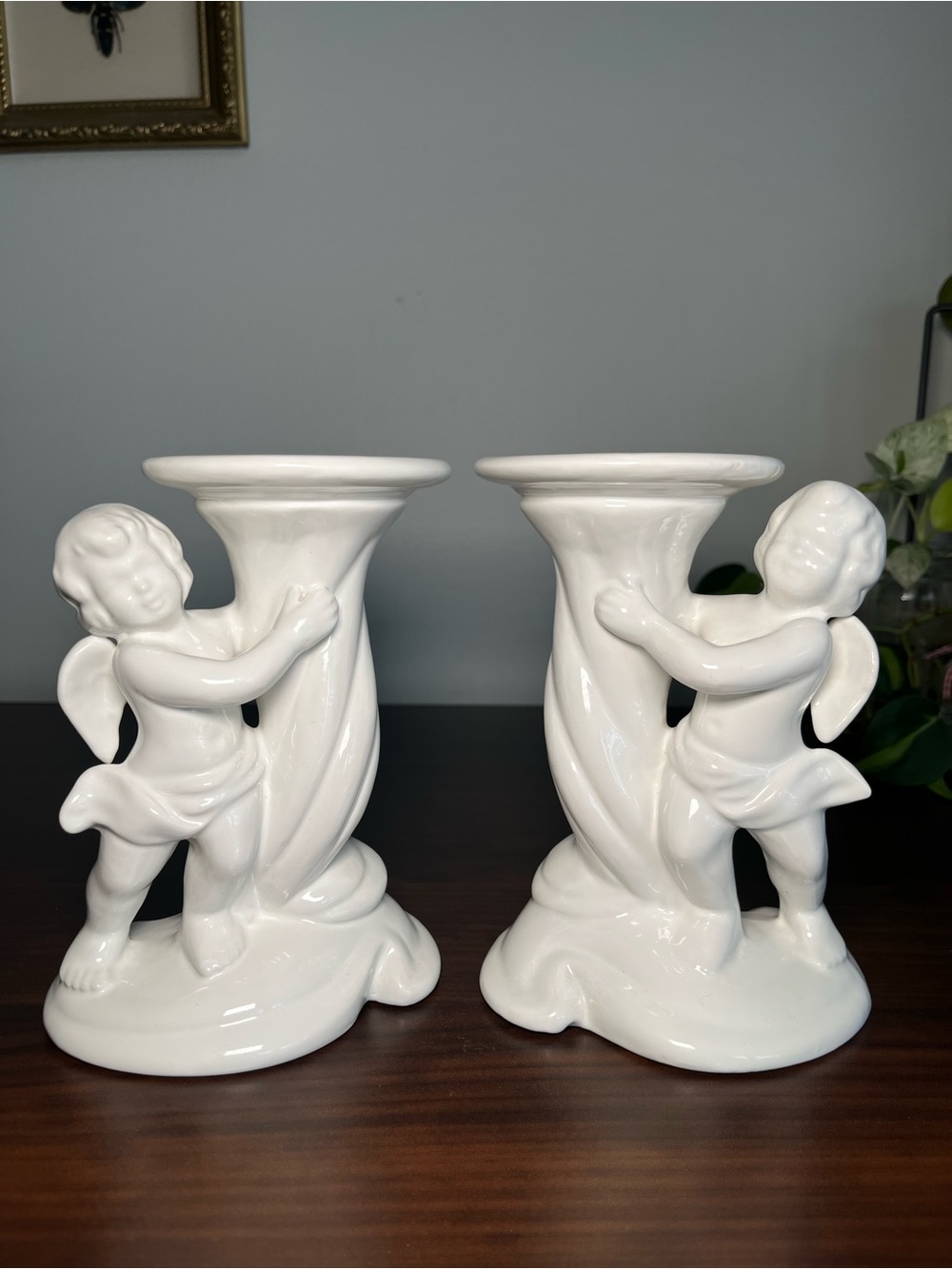 Set of 2 Vtg Atlantic Mold Cherub Angel Pedestal Candy Soap Dish Ceramic 80s